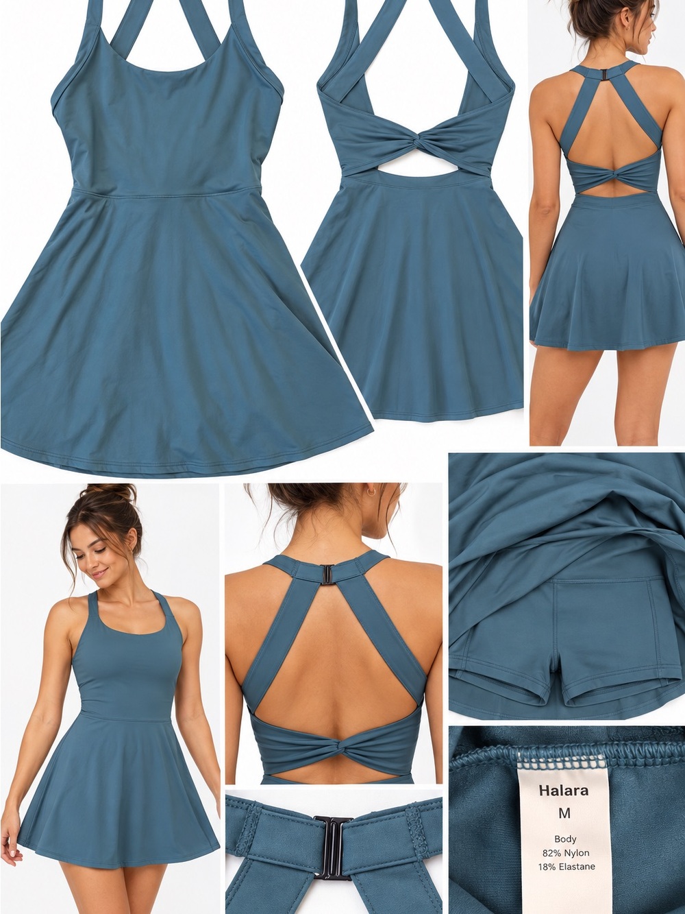 HALARA Teal Blue Twist-Back Skater Dress